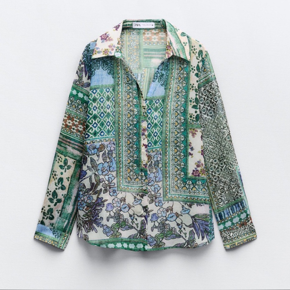 Zara Green Patchwork Print Button-Up Shirt blouse